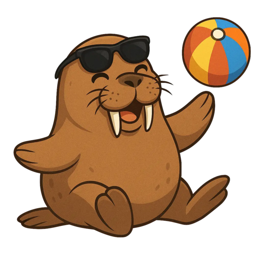 Piiretty Mursu leikkii iloisesti rantapallolla aurinkolasit päässä.